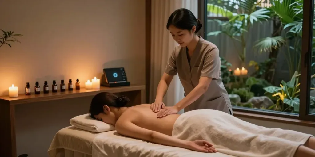 Enjoying 안양출장마사지 in a tranquil spa setting with calming decor and professional therapist.