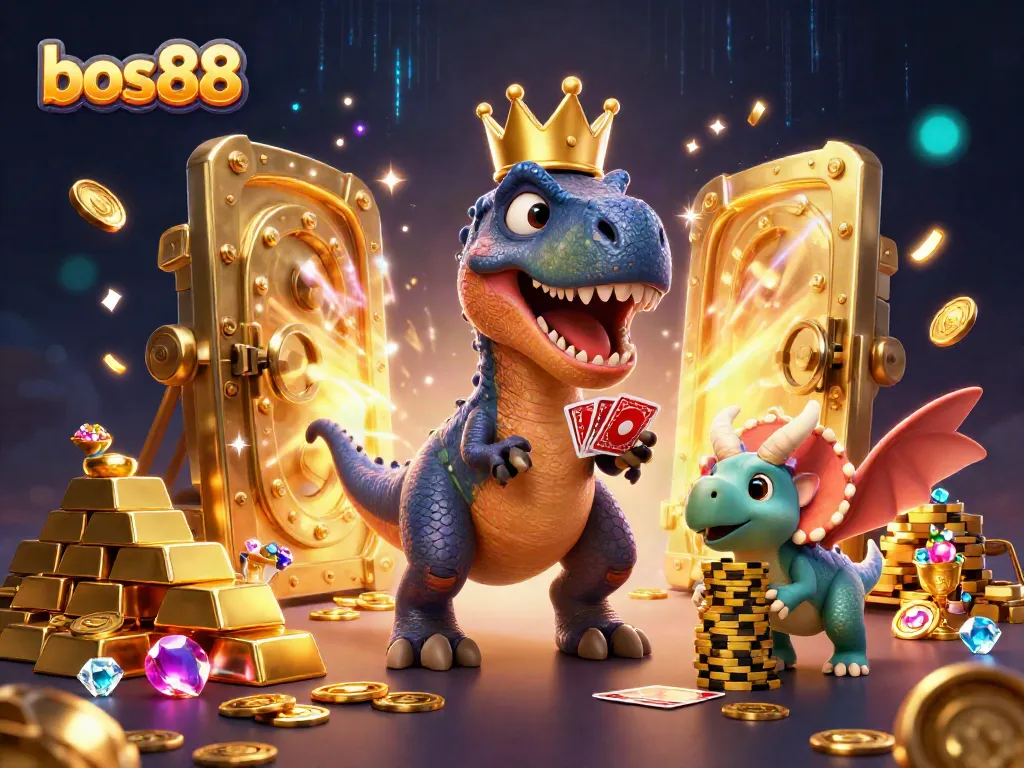 Masuki dunia bos88 dengan T-Rex mengocok kartu dan triceratops menumpuk chip emas.
