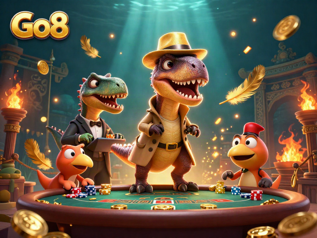 Go8 velociraptor card counter blends in at blackjack table, while a stegosaurus pit boss observes.