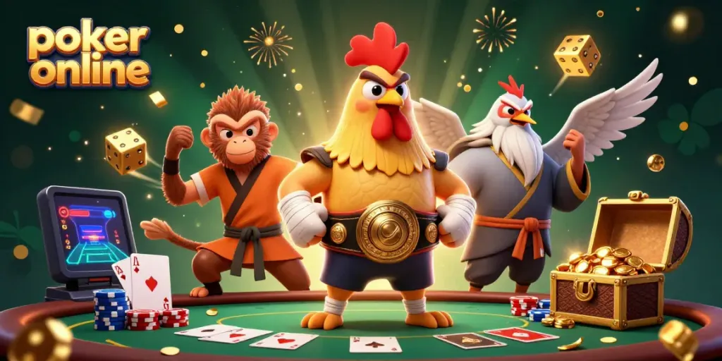 Engaging poker online scene with a Muay Thai rooster, Shaolin monkey, and crane master amidst vibrant game elements.