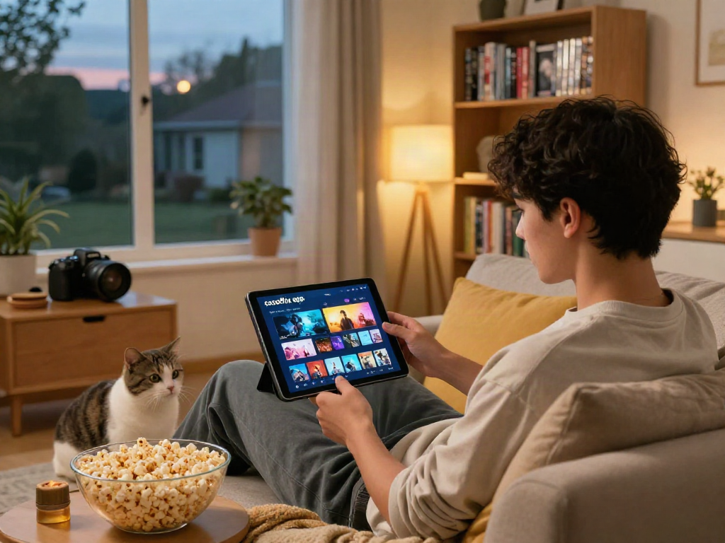 Enjoying cocoflix apk on a tablet in a cozy living room