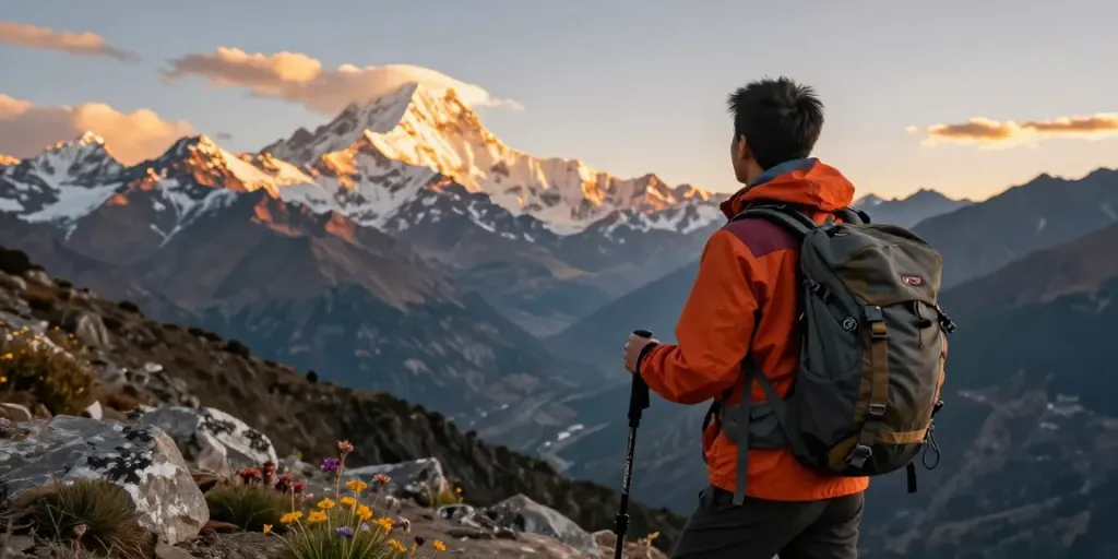 Manaslu Trek sunset viewpoint with traveler overlooking majestic peaks, capturing the essence of Himalayan adventure.