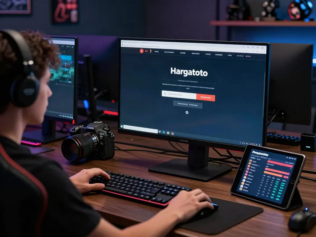 Hargatoto login interface displayed on a sleek desktop setup in a gaming workspace.
