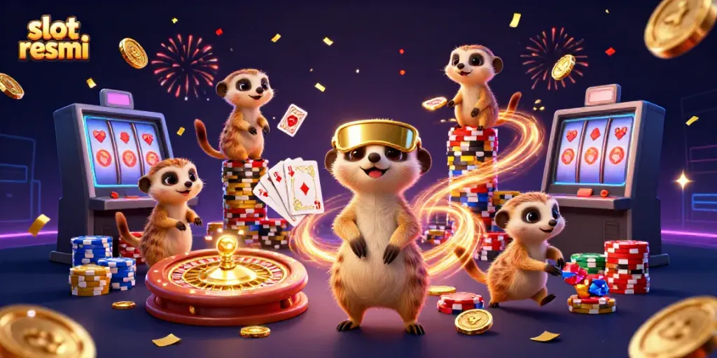 Win big with slot resmi in a vibrant casino scene filled with playful meerkats and dynamic gambling elements.