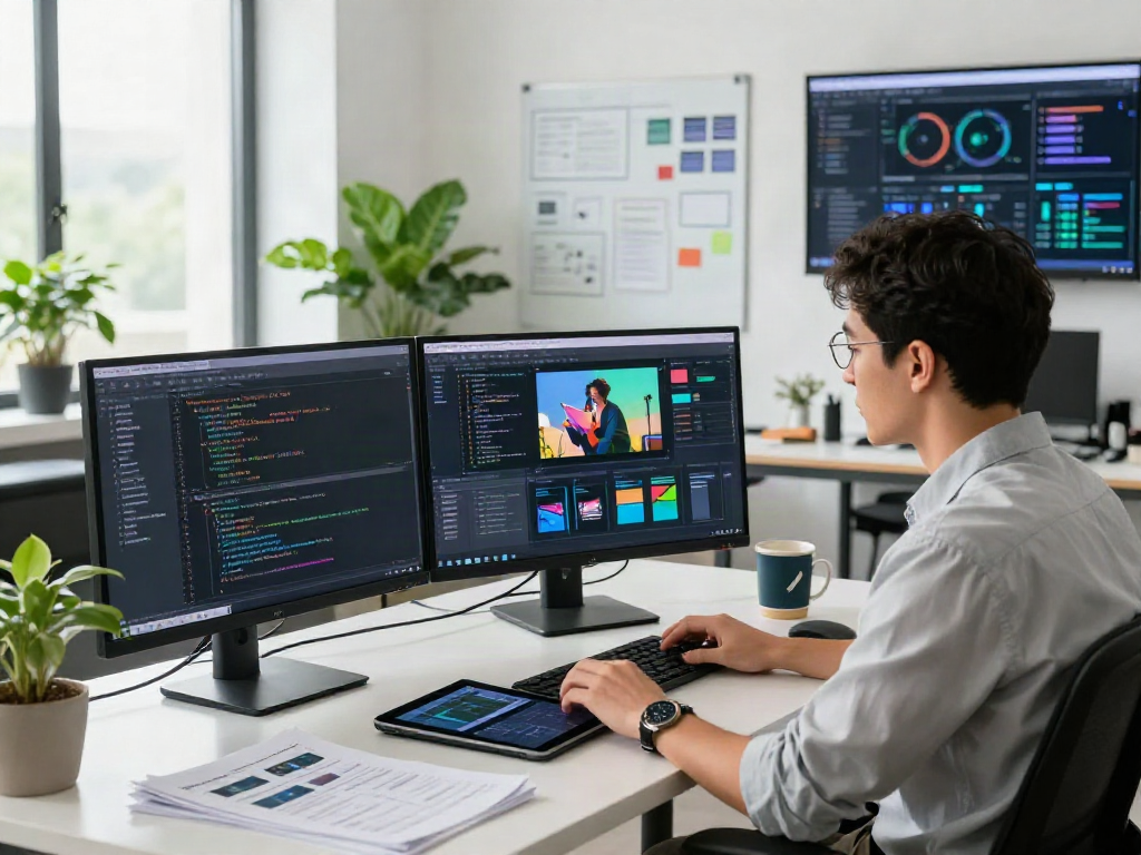 AI Image Detector workspace with a software engineer coding in a modern office, showcasing AI analysis tools and tech elements.
