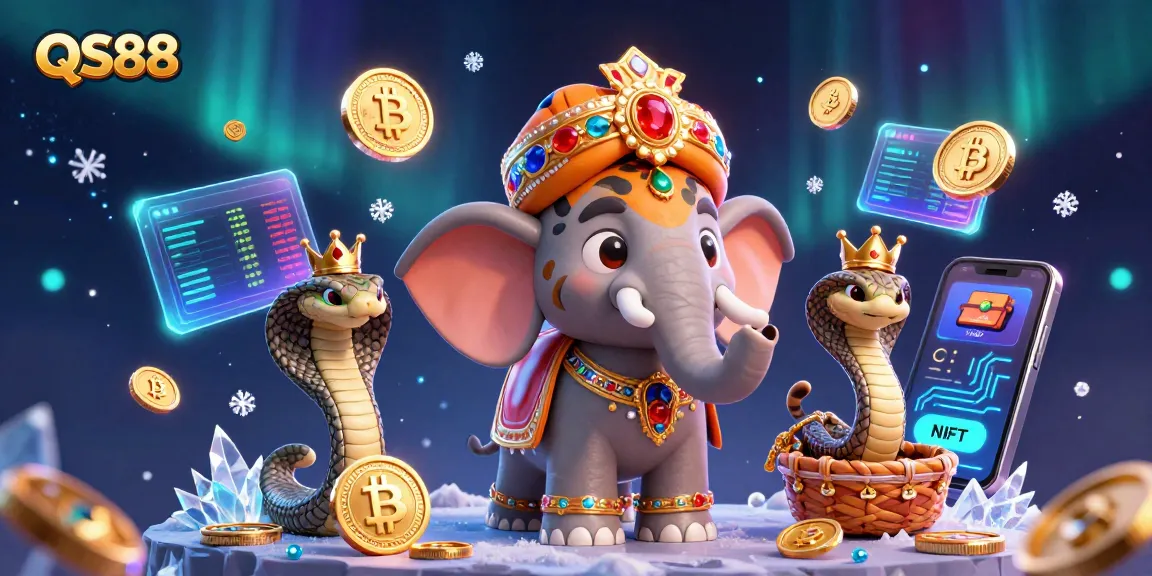 Spin and win at QS88 with a vibrant 3D casino scene featuring a majestic maharaja tiger, elephant, and crypto elements.