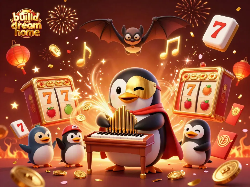 Build your dream home while enjoying vibrant casino celebration elements in this unique illustration.