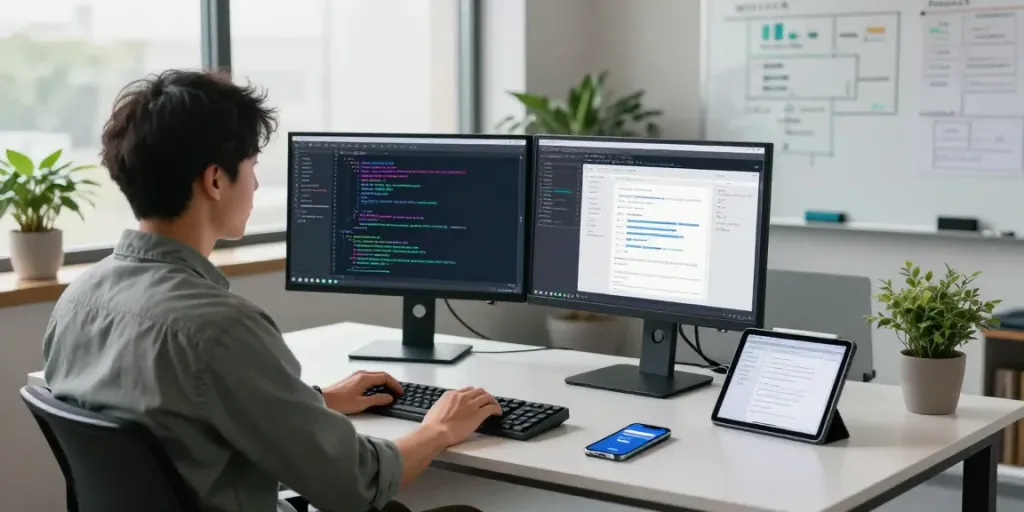 Developer showcasing mvp development service in a modern workspace with dual monitors and vibrant code