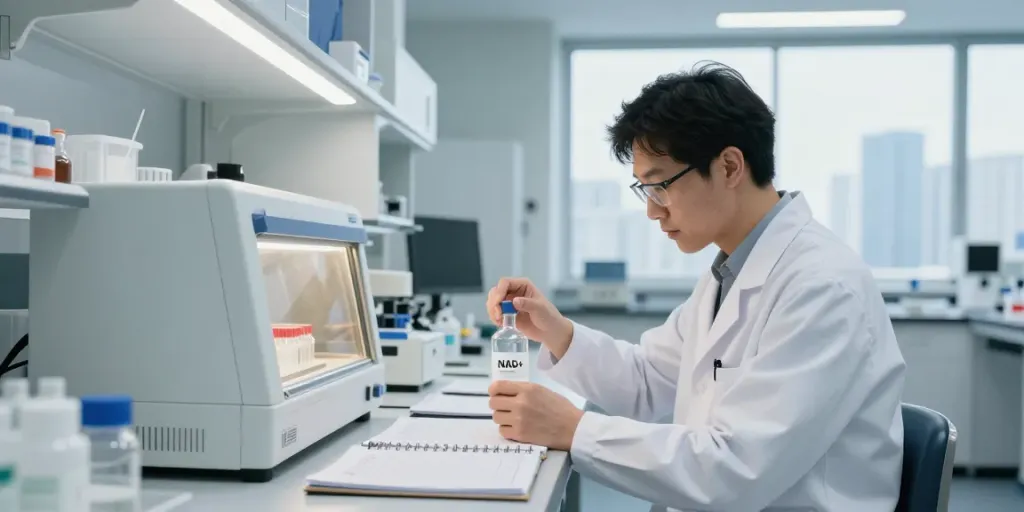NAD research compound for sale in a modern lab, scientist analyzing purity levels.