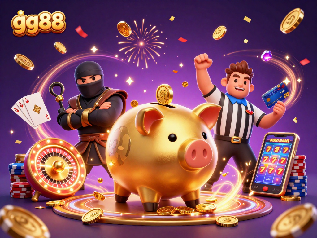 Engage in thrilling gameplay at gg88 casino with golden coins, cards, and vibrant characters.