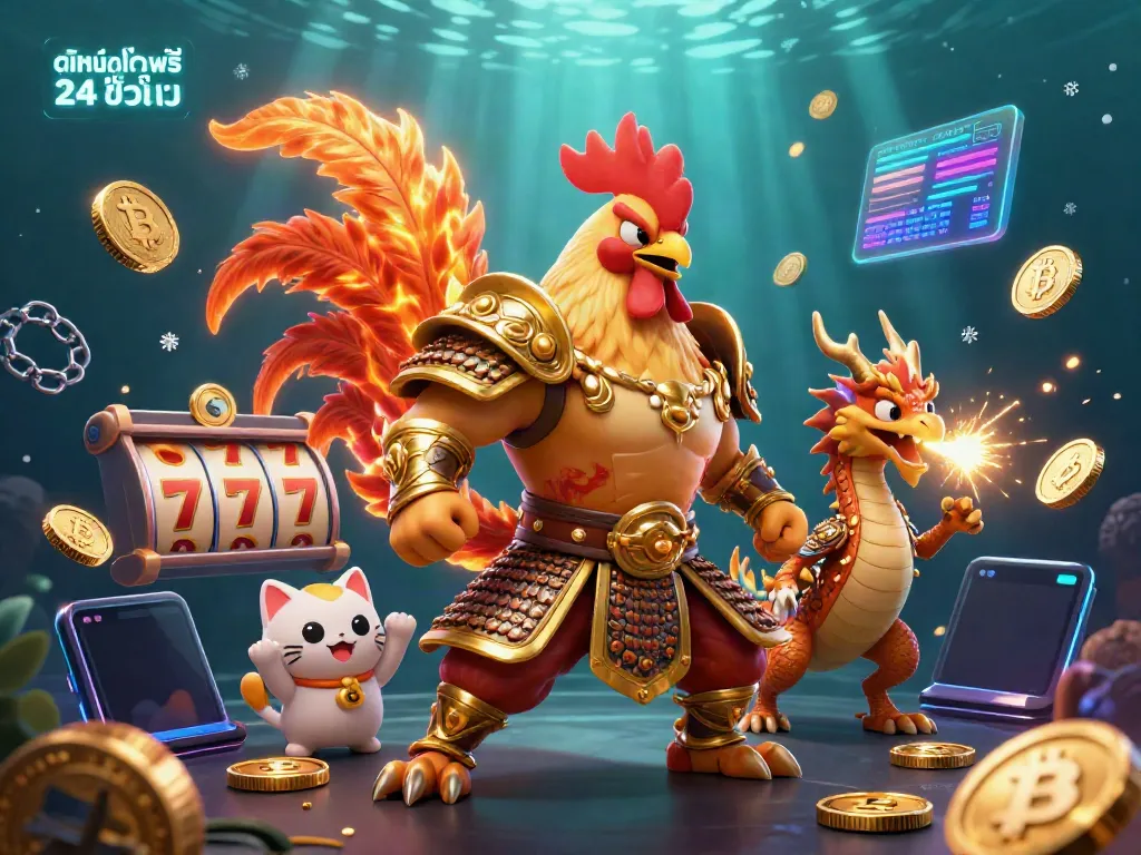 Experience thrilling ดูหนังออนไลน์ฟรี 24 ชั่วโมง in this vibrant 3D art of a rooster warrior beside a dragon hatchling, packed with gambling elements.