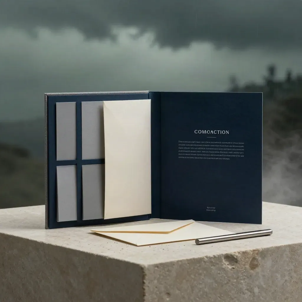 Unbranded competitive intelligence folio set on stone in misty dramatic studio light