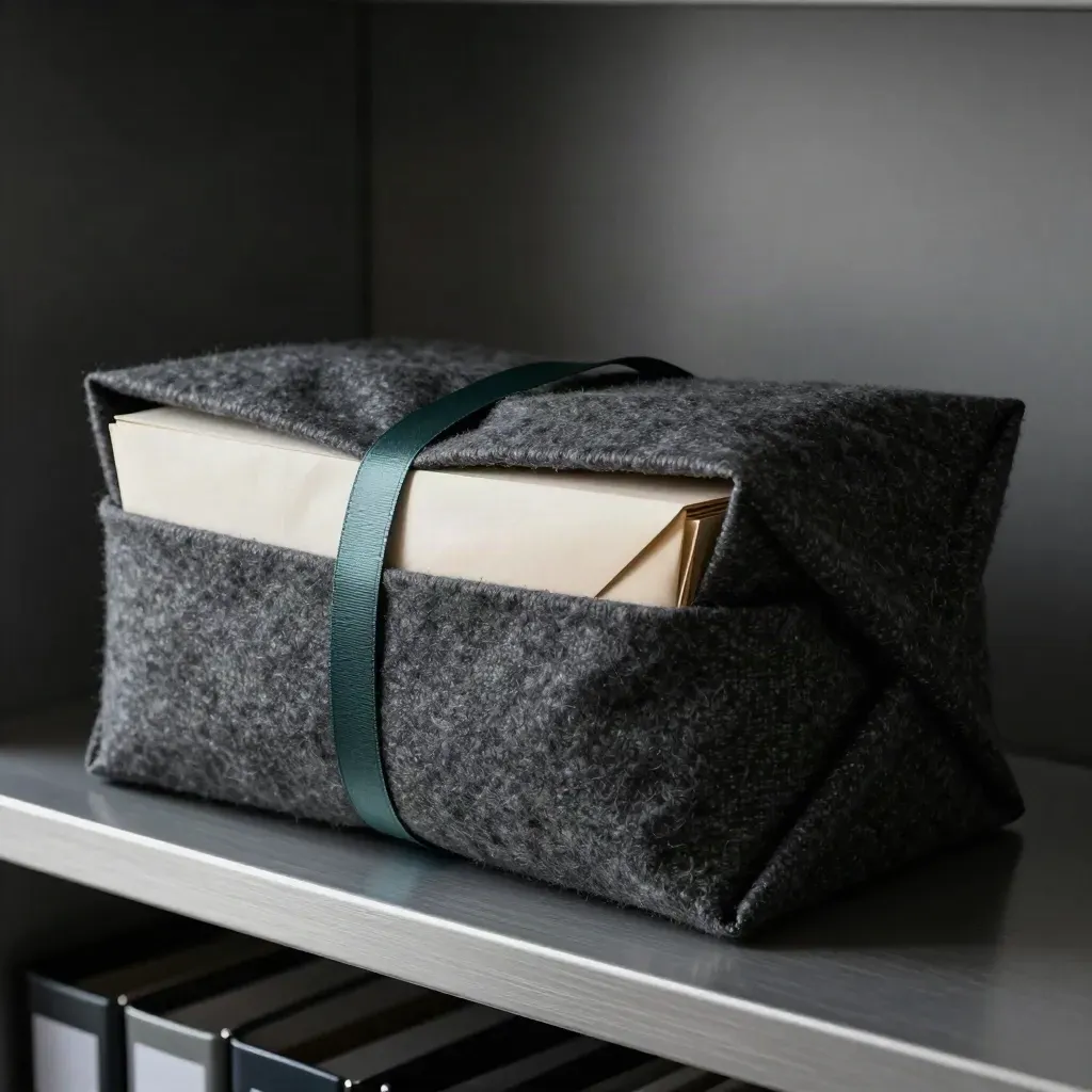 Charcoal wool-wrapped due diligence pack with tabs and envelope on a pewter shelf.