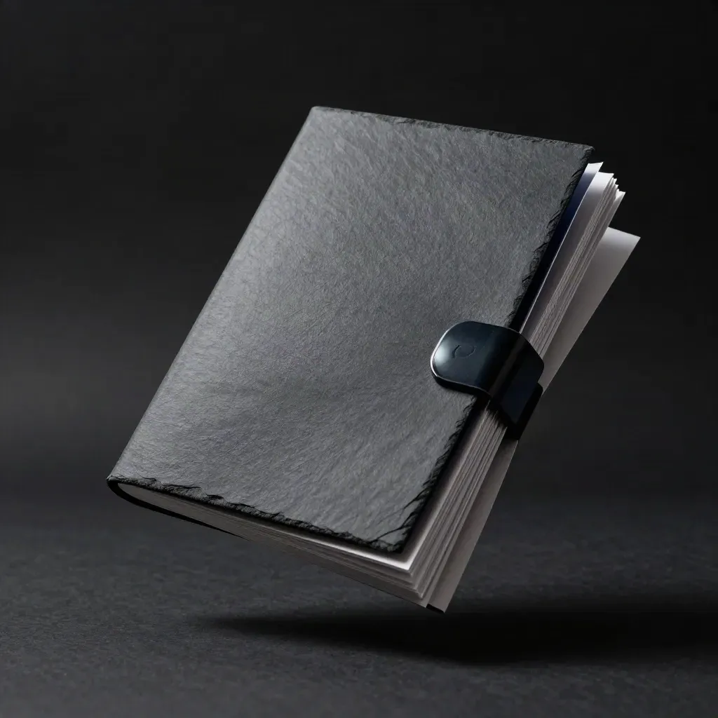 Floating rival-tracker folio with paper stacks and a glass weight in dramatic studio light.