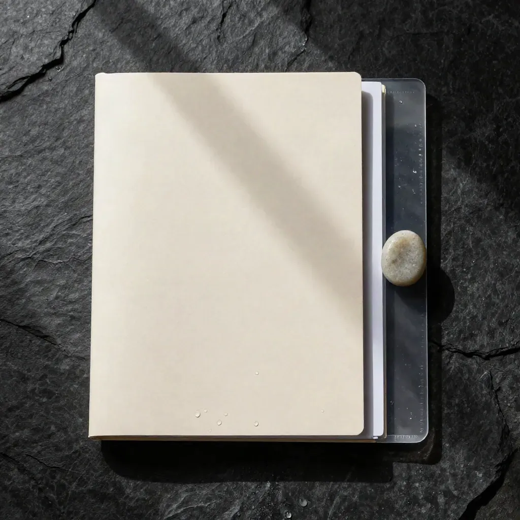 Cream Europe market scan dossier on wet basalt with acetate sheet and river stone, overhead.
