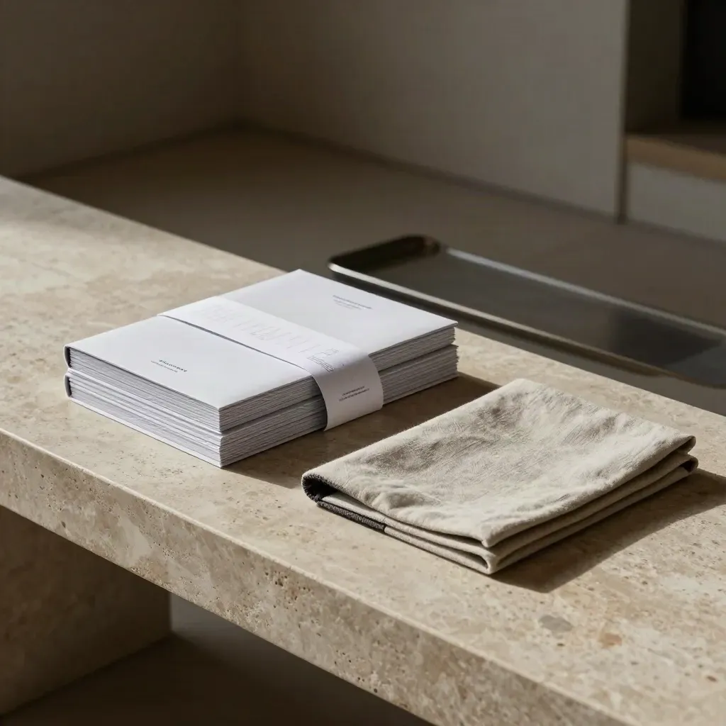 Luxury report bundle on limestone with tray, linen cloth and soft haze.