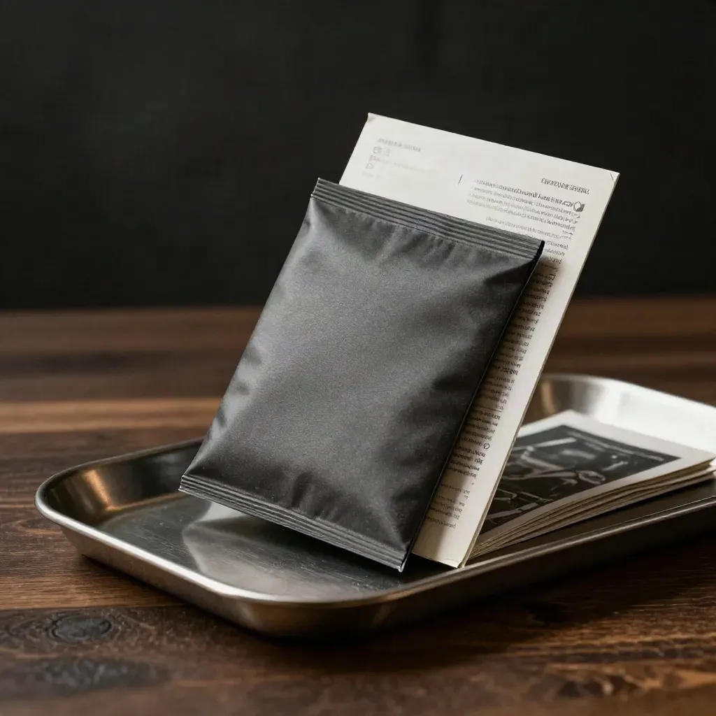 Supplier risk report packet hovering above a brushed steel tray in moody light