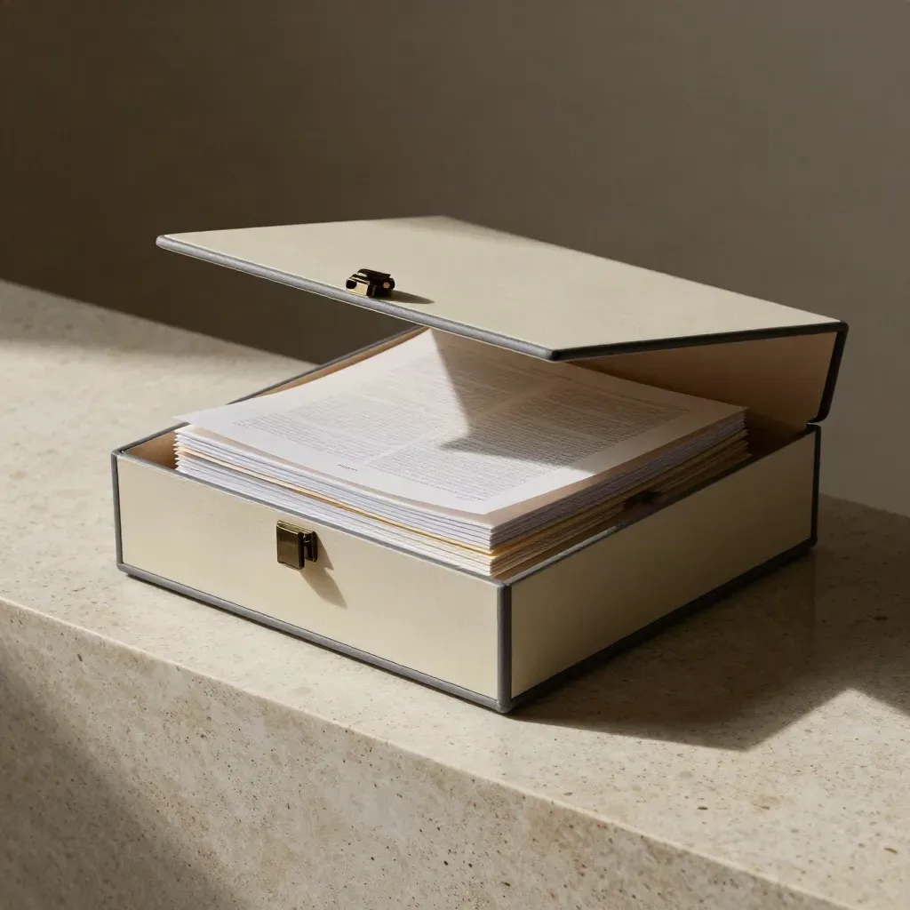 Ivory briefing box with fanned sleeves and stone block on travertine.