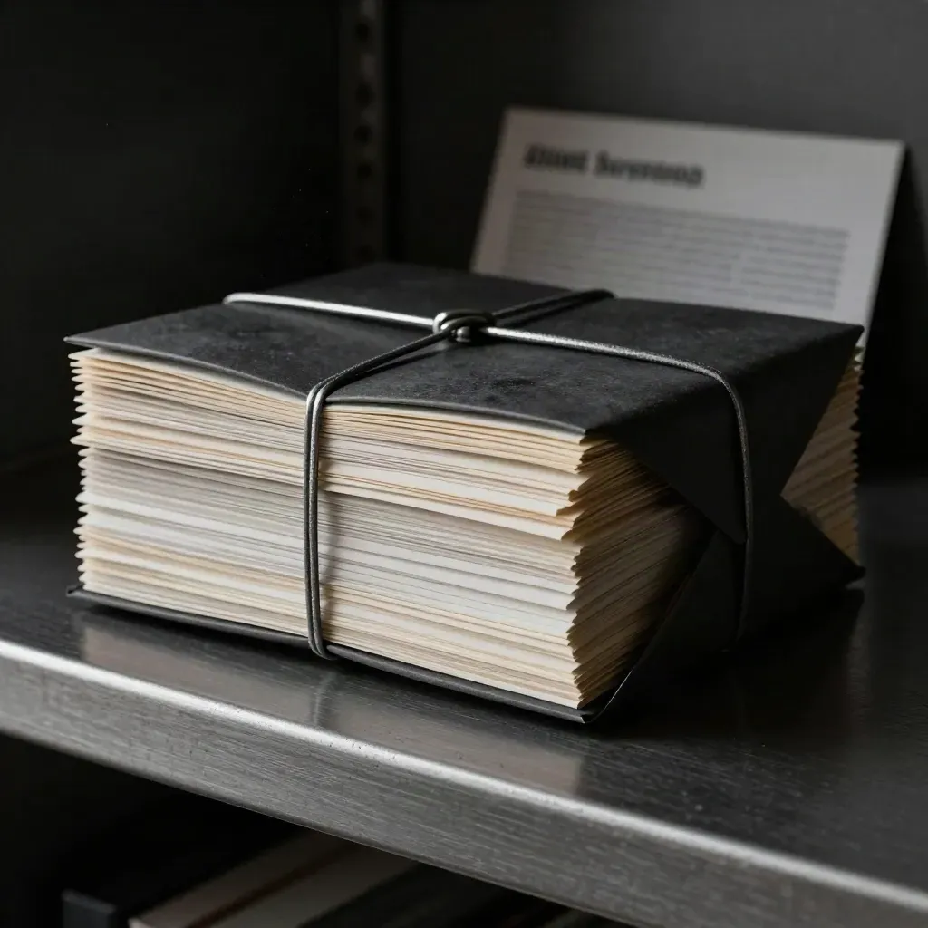 Matte-wrapped OSINT bundle with cord wrap and clipped sheets on a dark archive shelf