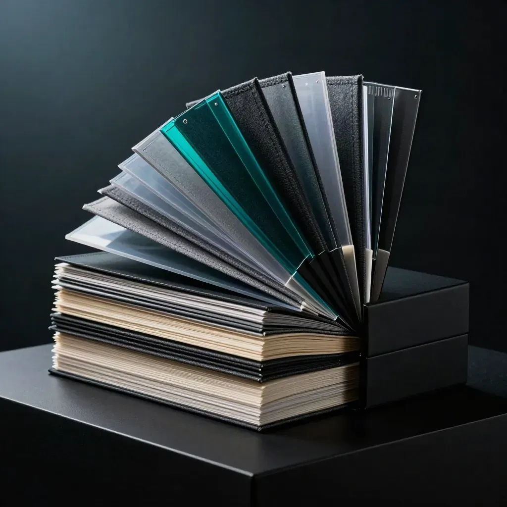 Layered strategy folios and nested cases fan open on a black surface with teal reflections.
