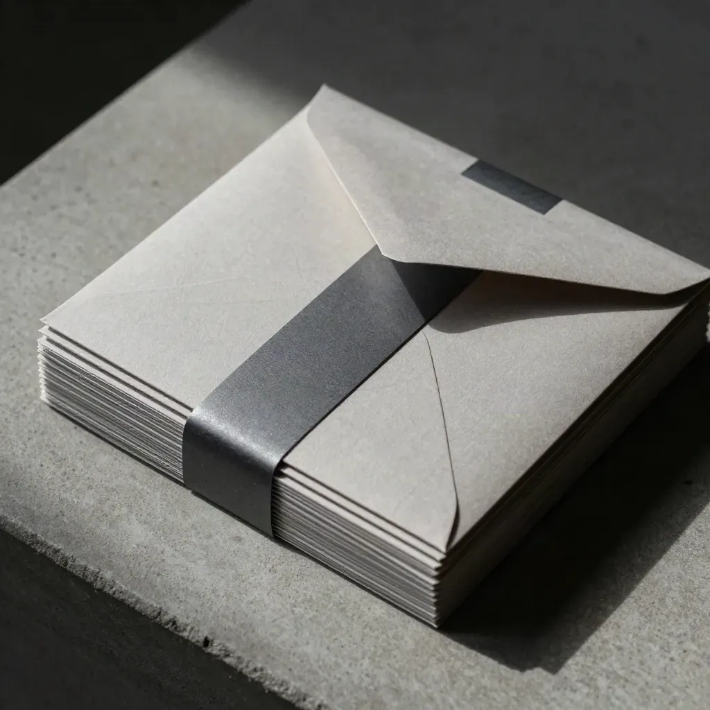 Overhead flatlay of a competitor map packet with layered cards, sealed envelope and dark paper band.