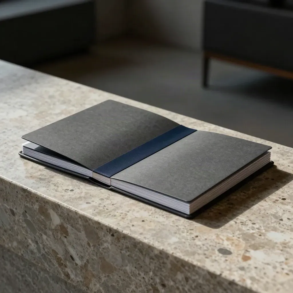 Unmarked briefing kit fanned open on travertine with navy accent and soft haze.