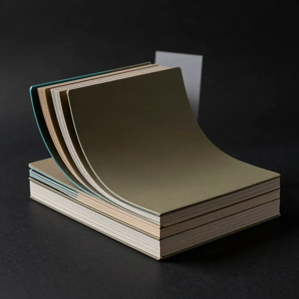 Dark dramatic stack of report sleeves and slipcase on black surface with teal rim light.