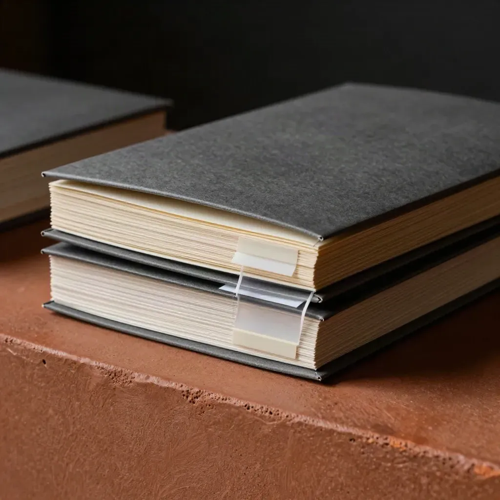 OSINT source check packet with paper inserts on a terracotta plinth in dramatic studio light