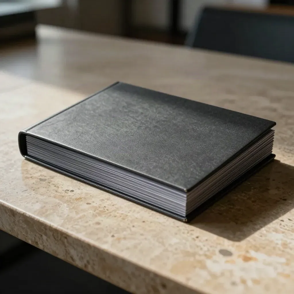 Fanned board update slide set in a dark sleeve on a stone conference table.