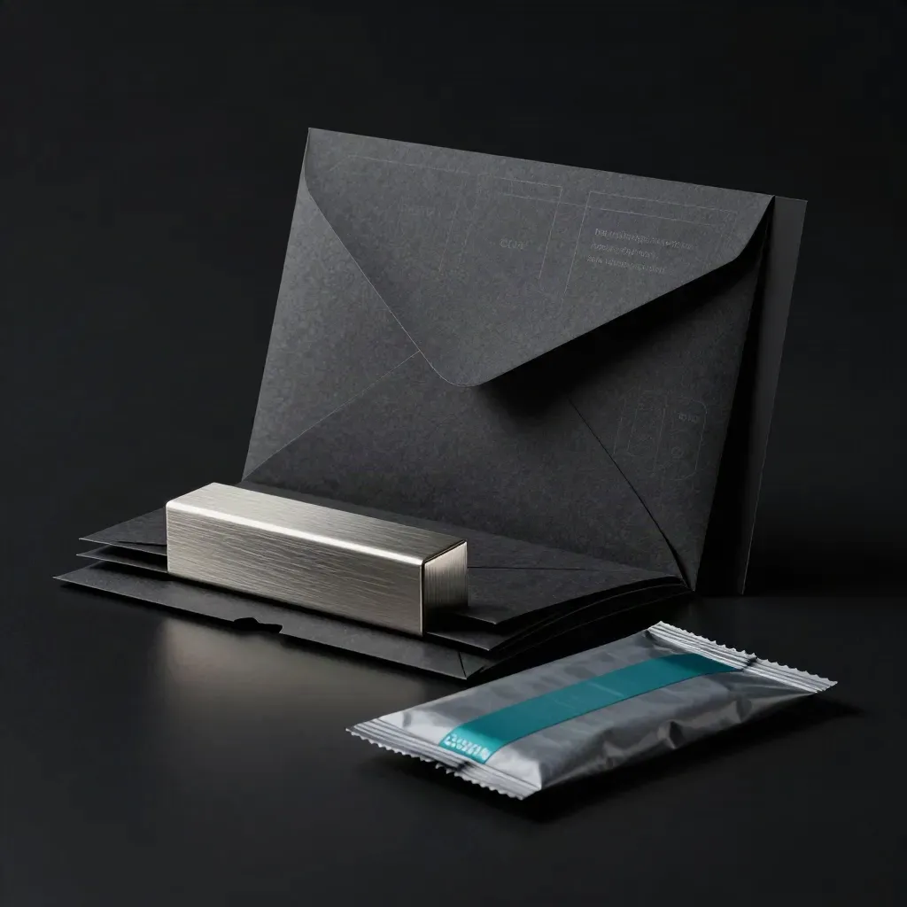 Risk monitor setup kit with layered envelopes, steel block, and sealed wrap on a dark studio surface.