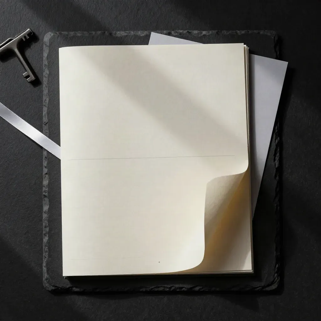 Charcoal investor research folio on black slate with white ribbon and folded corner