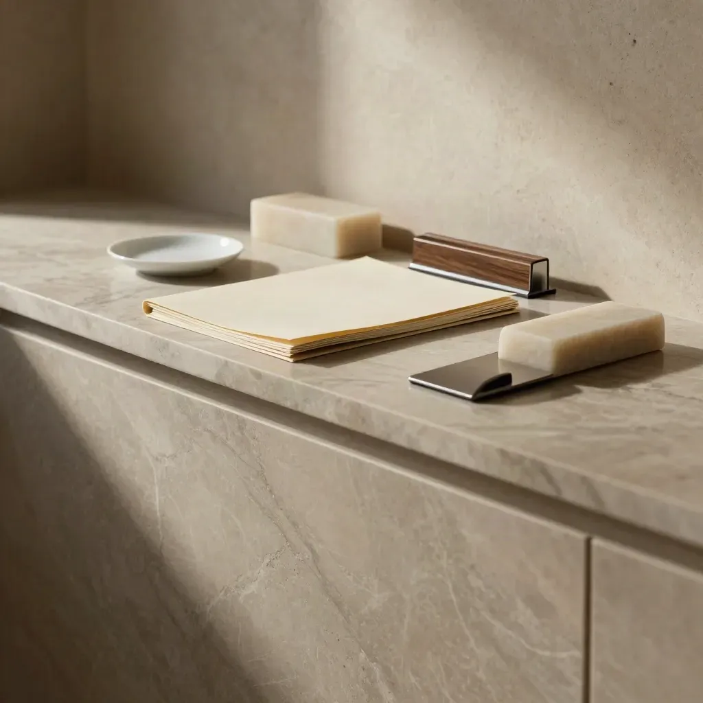 Sunlit marble ledge with briefing folios, stone tray, and calm copy space.