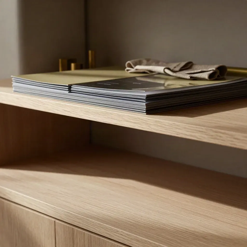Warm oak shelf with briefing folios, linen folds, and blurred brass forms in a plaster corner.