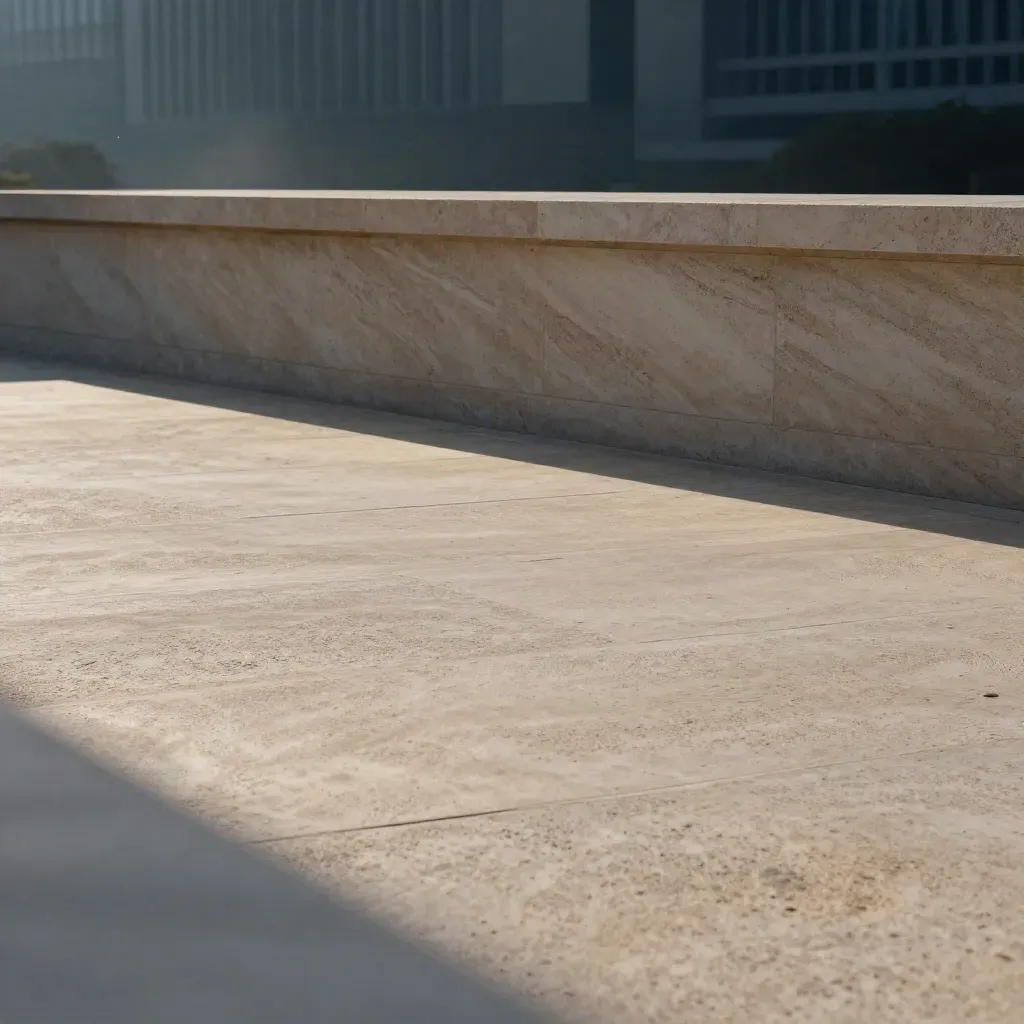 Sunlit travertine terrace and stone parapet with distant skyline forms, calm space for copy.