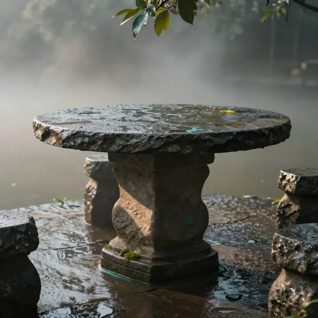 Rain-dark stone garden table in mist with blurred foliage and calm copy space