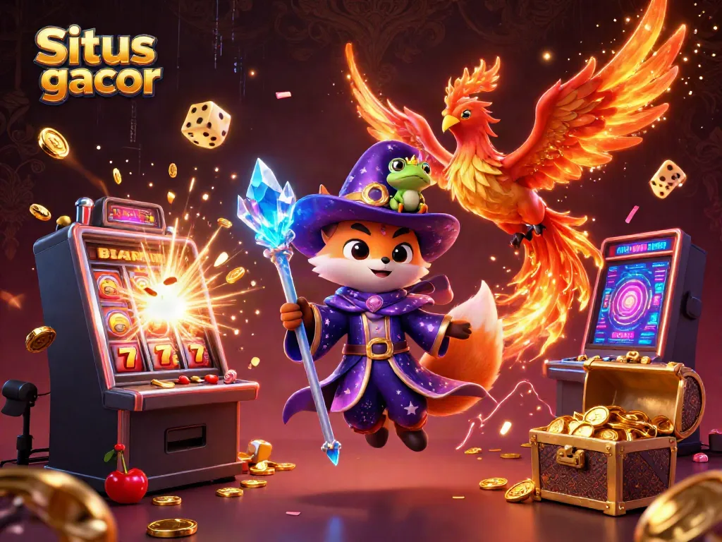 Situs slot gacor scene with magical characters celebrating a jackpot explosion and dynamic gaming elements
