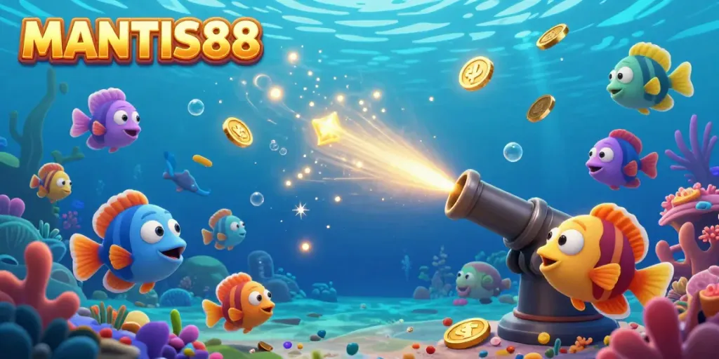 MANTIS88 fish shooting game illustrating vibrant underwater action with colorful sea creatures and gameplay elements.