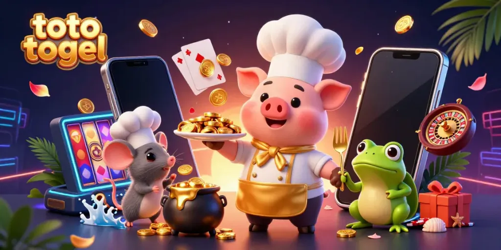Experience thrilling toto togel gameplay with a chef pig presenting gold coins amidst dynamic casino elements.