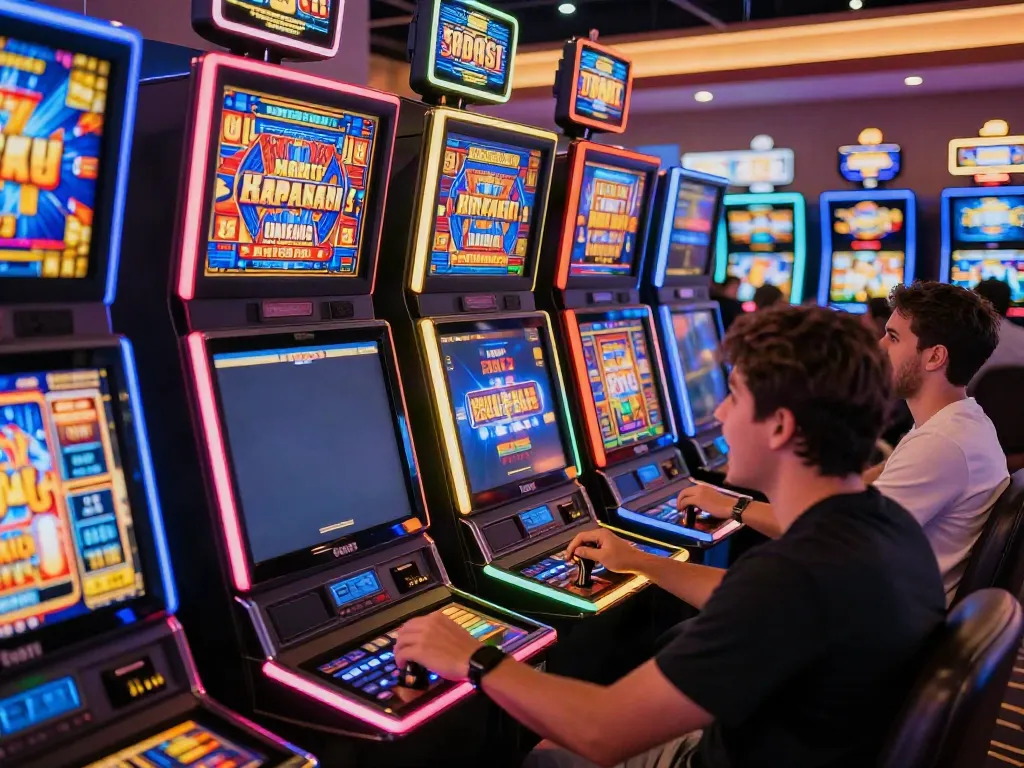 Excited players engaging withสล็อต machines in a vibrant casino.