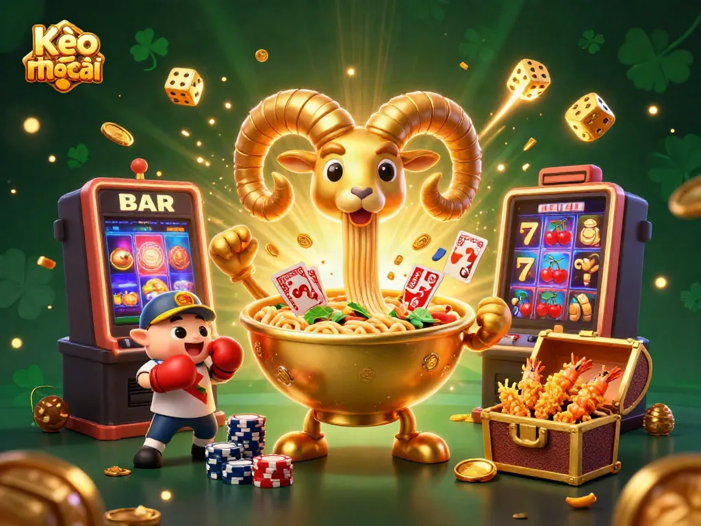 Betting on Kèo nhà cái with vibrant 3D cartoon characters and slot machines bursting with coins and excitement.