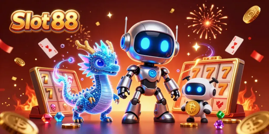 Engage with Slot 88's vibrant casino world featuring a cyberpunk robot, AI dragon, and bitcoin drone.