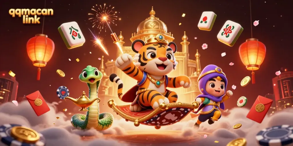 Experience high-stakes gaming thrills with qqmacan link in this vibrant 3D casino scene.