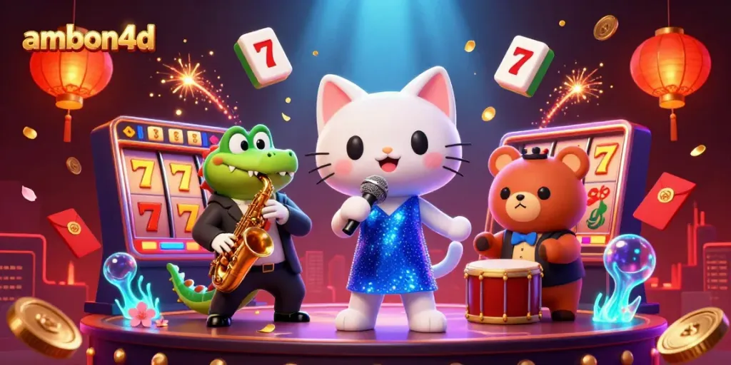 Experience the thrill of ambon4d with a vibrant scene of animated characters celebrating winning at the casino.
