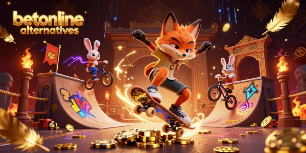 Engage with betonline alternatives in this vibrant 3D casino scene featuring a fox and rabbit.