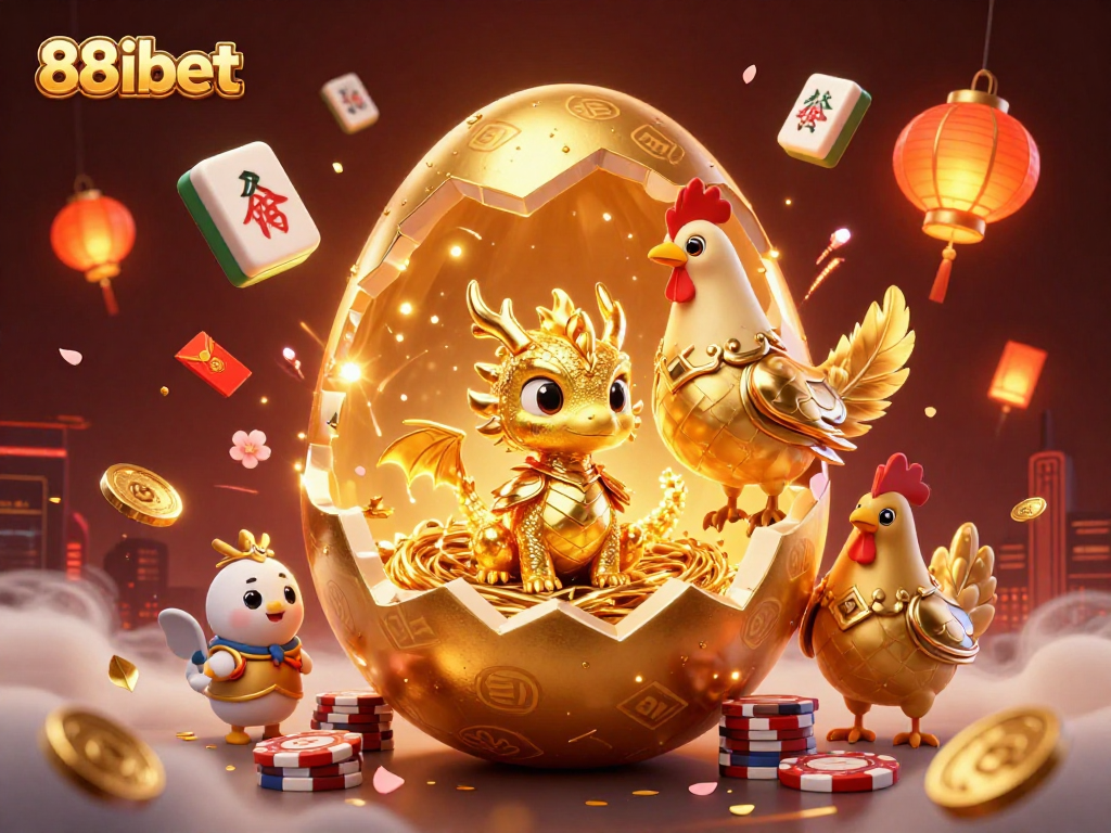 88ibet captivates players with a stunning golden baby dragon in a lively casino scene filled with fortune elements.