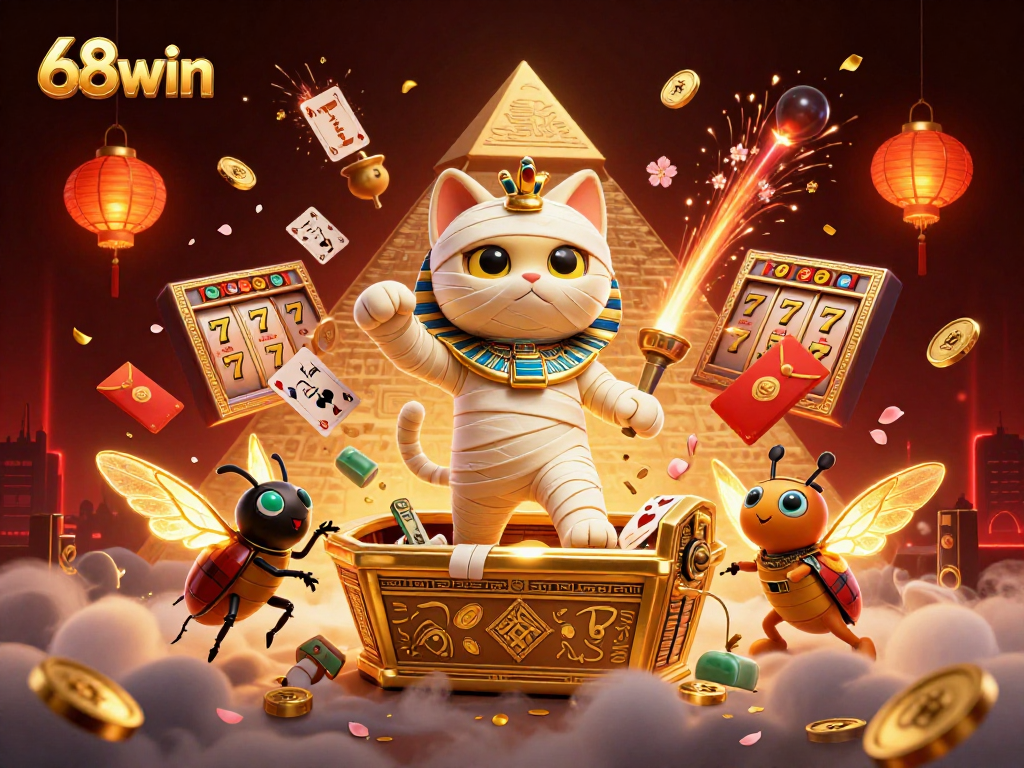 Experience the thrill of gaming with 68win's vibrant pyramid casino, featuring adventurous characters.