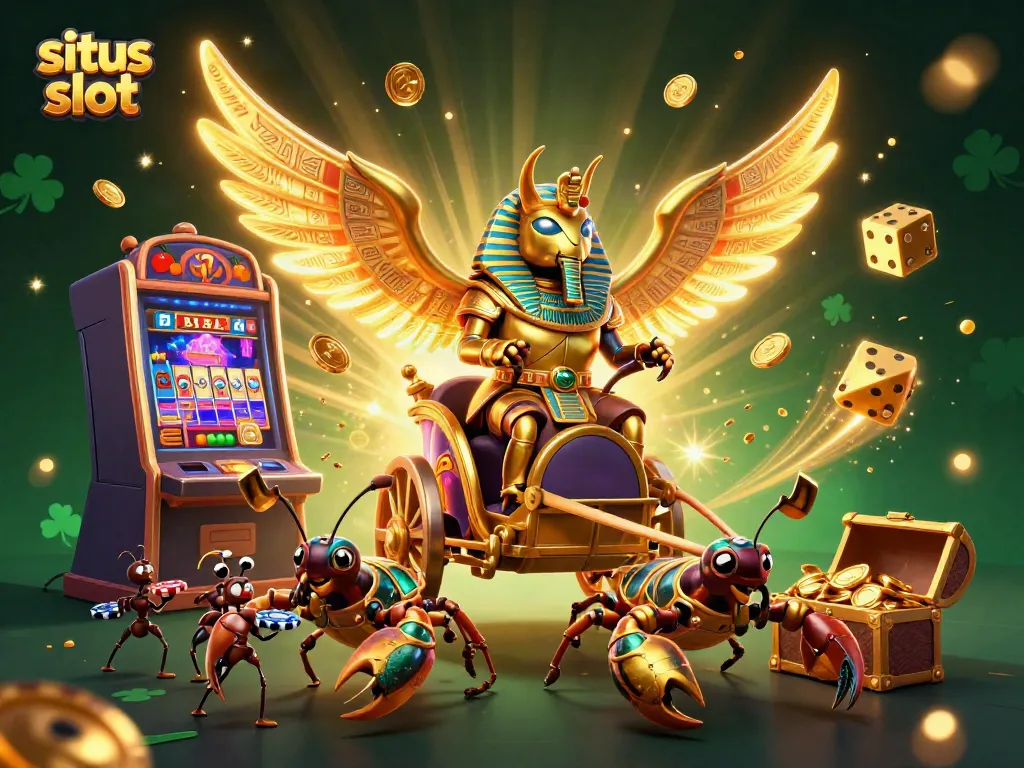 Sparkling casino scene showcasing situs slot with a golden scarab and slot machine bursting with coins
