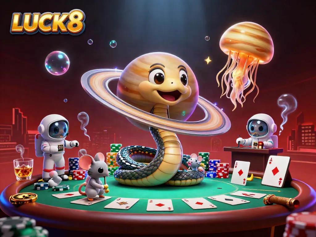 Engaging LUCK8 themed illustration with a cosmic dealer and betting astronaut mice.
