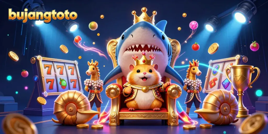 Bujangtoto engages players with a thrilling 3D illustration of casino elements, featuring a golden hamster king on a megalodon throne.