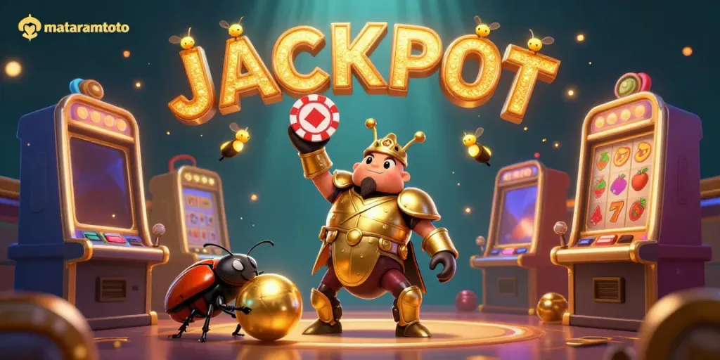Experience mataramtoto excitement with a victorious beetle champion lifting a poker chip.